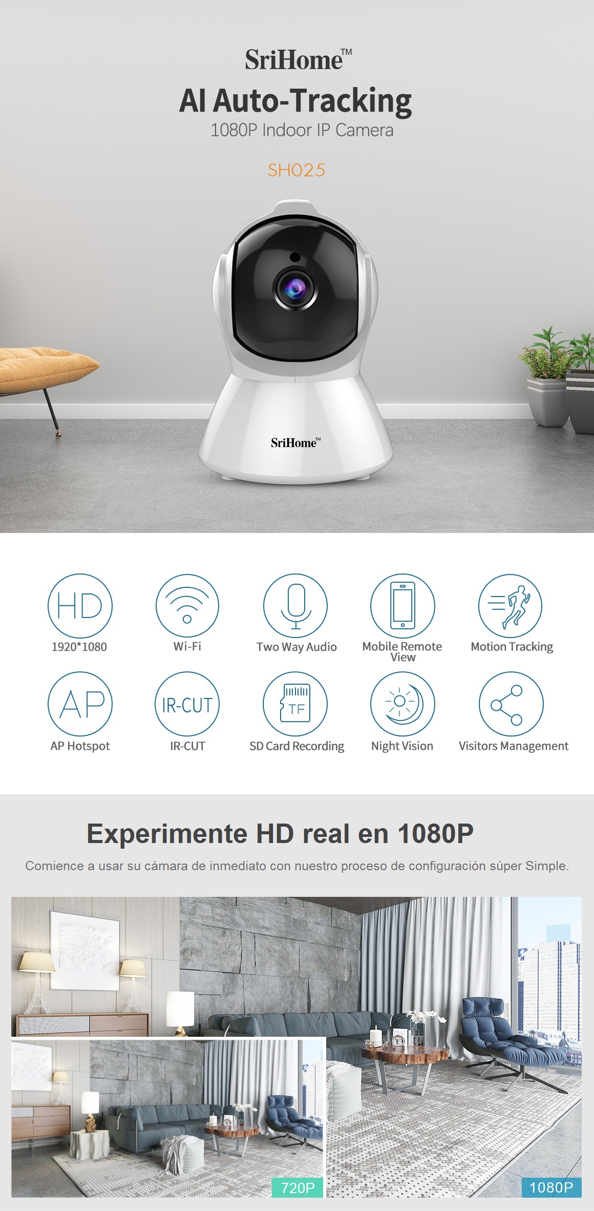 CÁMARA VIGILANCIA WIFI SENSOR MOVIMIENTO ROBÓTICA AUDIO 128G SRIHOME  SRIHOME