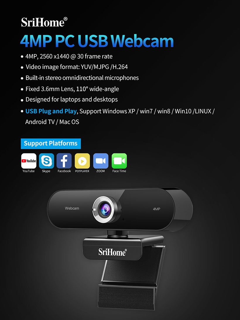 Imagen descriptiva del producto Cámara Web 4MP 1440p con micrófono SriHome SH002