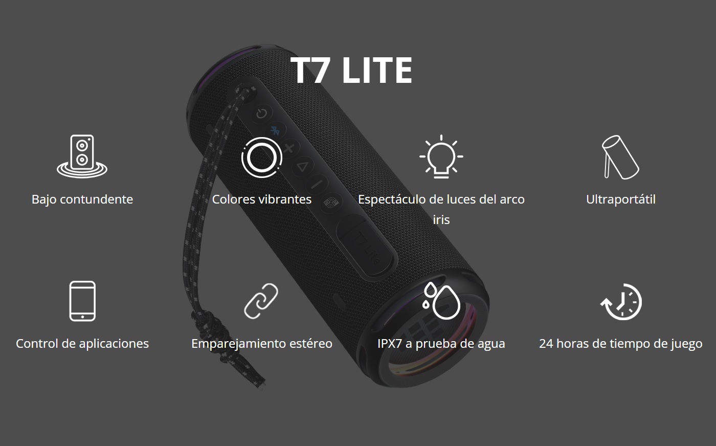 Tronsmart T7 Lite - Altavoz Bluetooth portátil de 24 W, graves mejorados,  espectáculo de luz arcoíris, tiempo de reproducción 24 horas, IPX7