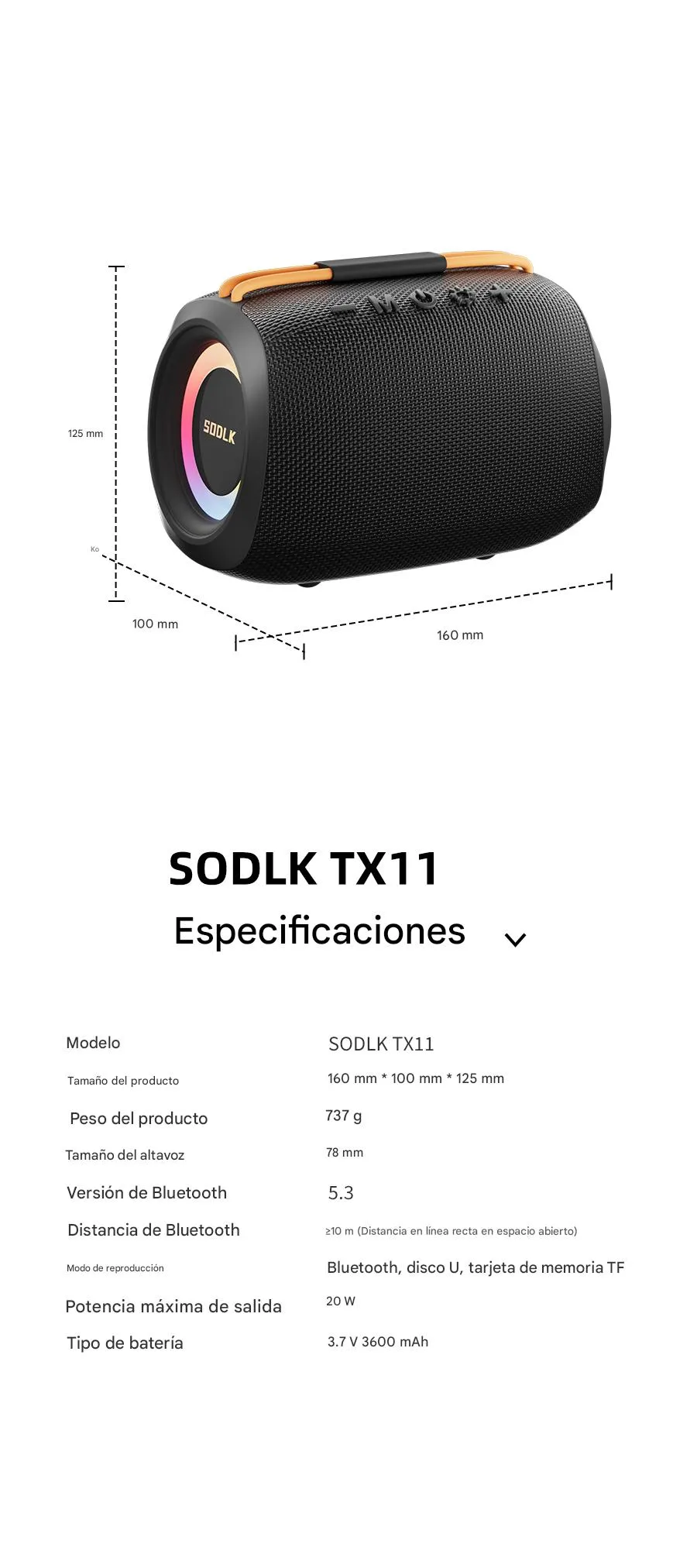 Imagen descriptiva del producto Parlante Altavoz Bluetooth 5.3 Inalámbrico 20W 3600 mAh Potente IPX6 SODLK TX11