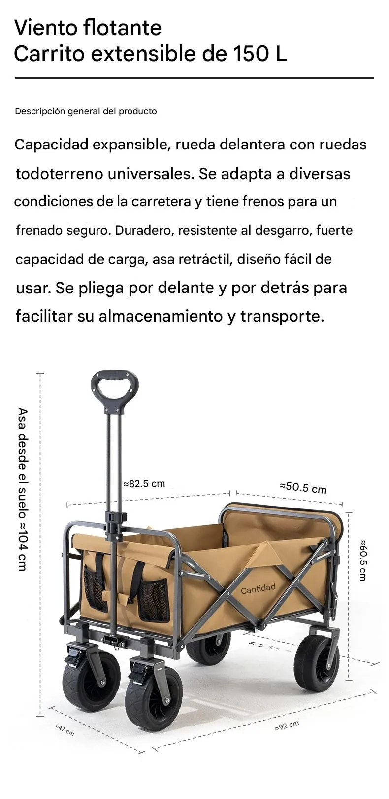 Imagen descriptiva del producto Carro Plegable de Camping Qunature 150–180L 4 Ruedas Todoterreno 150kg